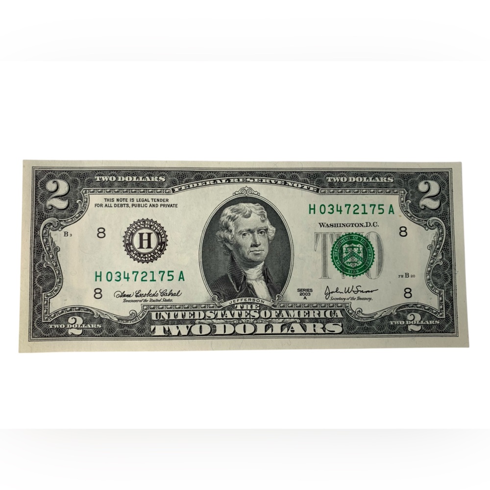 Two Dollar Bill with Green Seal Series 2003A H03472175A Serial Number